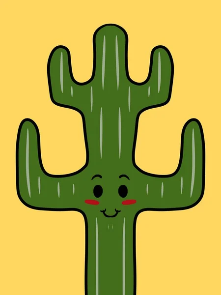 Roztomilý Kaktus Karikatura Žlutém Pozadí — Stock fotografie