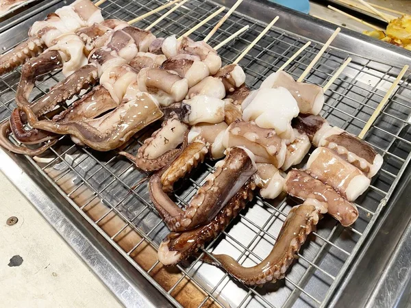 Cerca Calamares Parrilla Comida Callejera —  Fotos de Stock