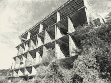 Terk edilmiş binanın siyah ve beyazı