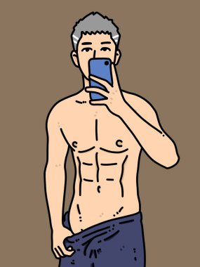 Turuncu arka planda sevimli bir adam çizgi filmi.