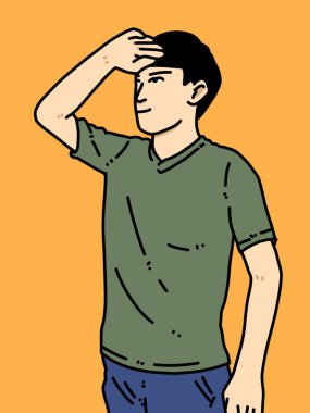 Turuncu arka planda sevimli bir adam çizgi filmi.