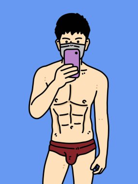 Mavi arka planda sevimli bir adam çizgi filmi