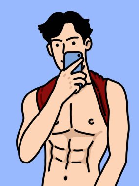 Mavi arka planda sevimli bir adam çizgi filmi