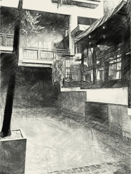 Черно Белый Рисунок Бассейна Деревне — стоковое фото