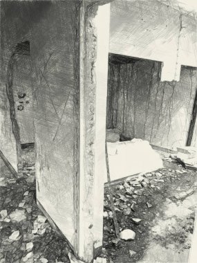 Terk edilmiş evlerin siyah beyaz çizimleri