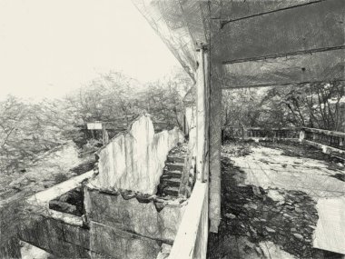 Terk edilmiş evlerin siyah beyaz çizimleri