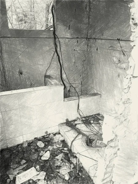 Τέχνη Σχέδιο Μαύρο Και Άσπρο Του Εγκαταλελειμμένου Κτιρίου — Φωτογραφία Αρχείου