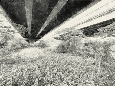 Terk edilmiş binanın siyah beyaz çizimi