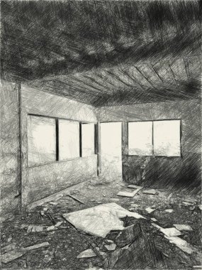 Terk edilmiş binanın siyah beyaz çizimi