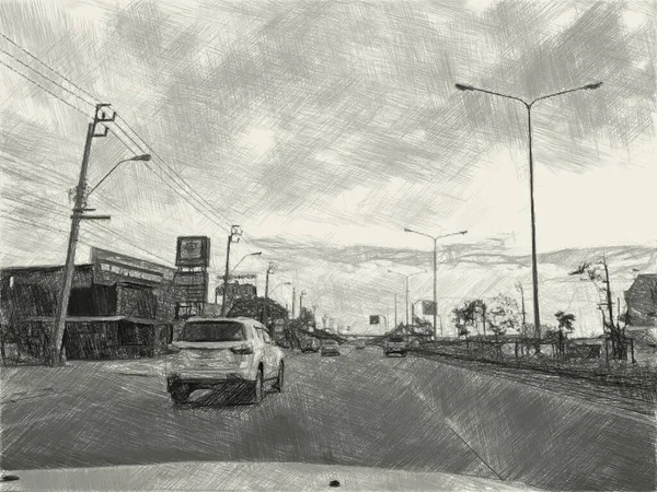 Art Drawing Black White Car Road — Stock Photo, Image
