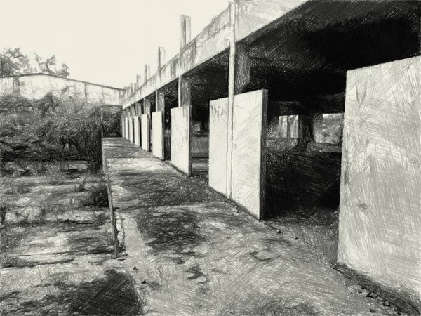 放棄された建物の黒と白を描き — ストック写真