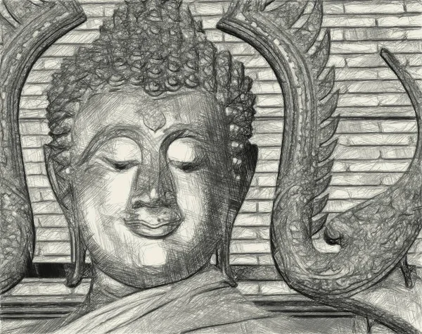 Schwarz Weiß Zeichnung Der Buddha Statue — Stockfoto