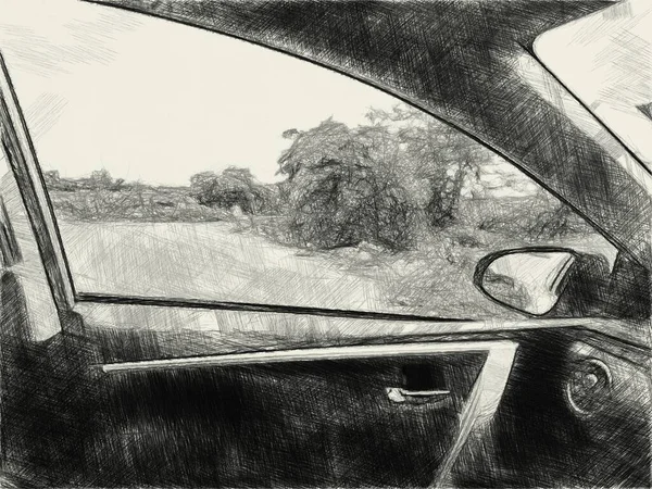 Art Drawing Black White View Out Car — Stockfoto