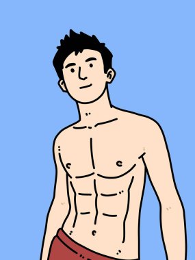 Mavi arka planda sevimli bir adam çizgi filmi