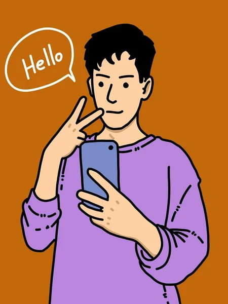 オレンジを背景にした可愛い男漫画 — ストック写真