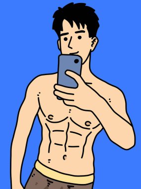 Mavi arka planda sevimli bir adam çizgi filmi