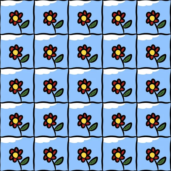Bezszwowy Wzór Kreskówki Kwiat — Zdjęcie stockowe