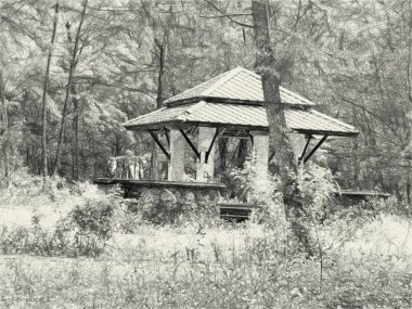 Sanat, ormanda terk edilmiş bir köşkün siyah beyaz resmini çiziyor.