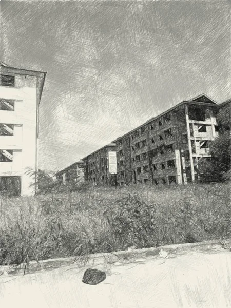 Preto Branco Edifício Abandonado — Fotografia de Stock