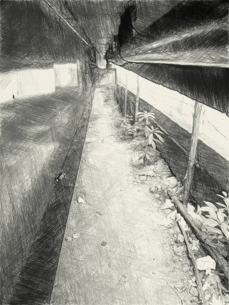 Τέχνη Σχέδιο Μαύρο Και Άσπρο Του Τρόπου Κάτω Από Κτίριο — Φωτογραφία Αρχείου