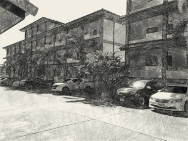 şehir manzarası arka planında siyah ve beyaz