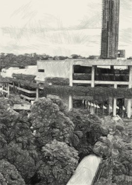 şehir manzarası arka planında siyah ve beyaz