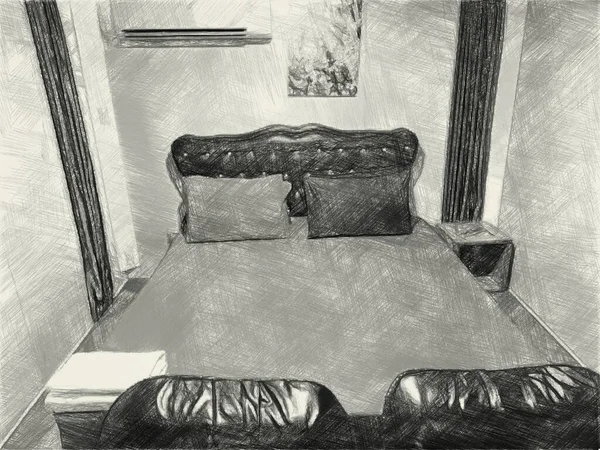 black and white of bedroom