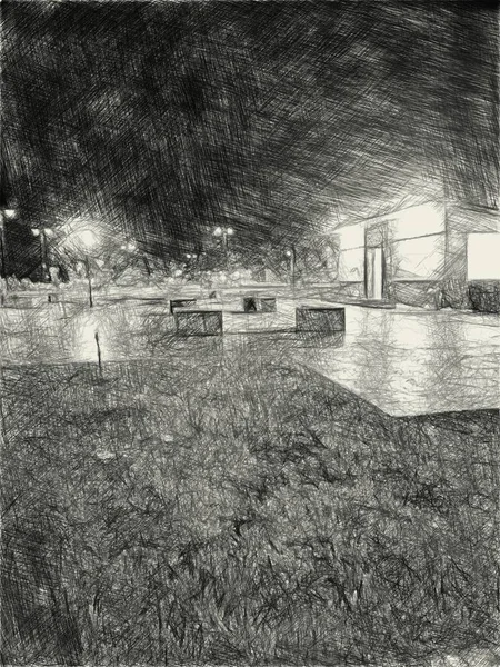 Dibujo Arte Blanco Negro Paisaje Urbano Nocturno — Foto de Stock