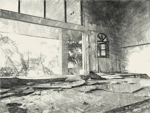 Terk Edilmiş Binanın Arka Planında Siyah Beyaz — Stok fotoğraf