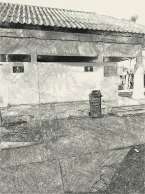 Tuvaletin yanındaki caddenin siyah beyaz rengi.