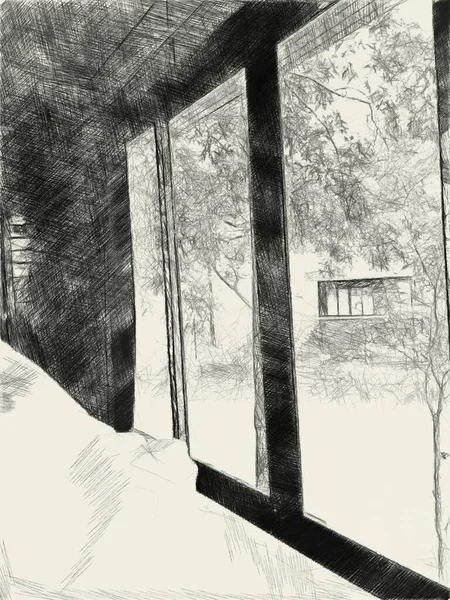 Μαύρο Και Άσπρο Του Κρεβατιού Κοντά Στο Παράθυρο — Φωτογραφία Αρχείου