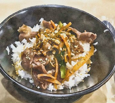 Baharatlı domuz eti renginde sıcak pirinç.