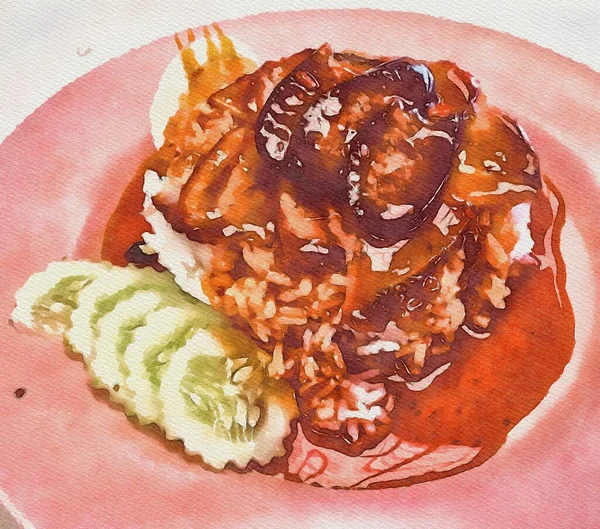 Kunstfarbe Von Rotem Schweinefleisch Auf Heißem Reis — Stockfoto
