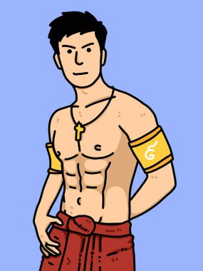 Mavi arka planda sevimli bir adam çizgi filmi