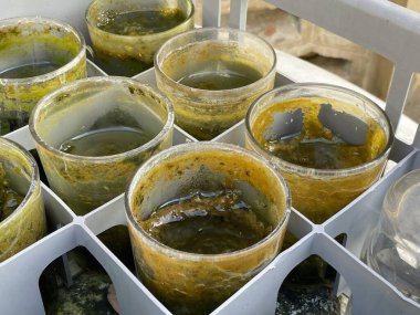 Close up dirty glass on plastic basket