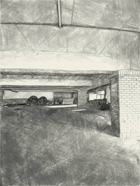 Araba parkında bina altında siyah beyaz