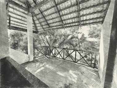 black and white of pavilion in forest