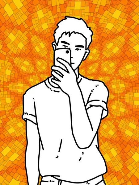 オレンジ色の背景のかわいい男漫画 — ストック写真