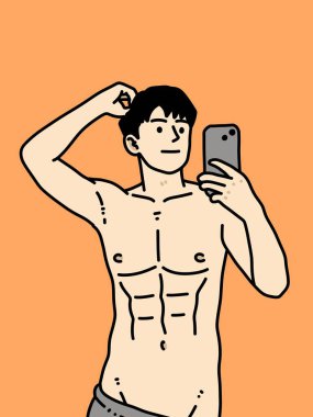 Turuncu arka planda sevimli bir adam çizgi filmi.