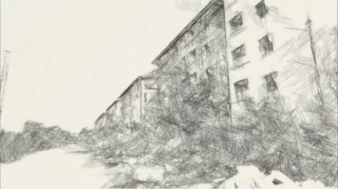 Terk edilmiş binanın arka planında siyah beyaz