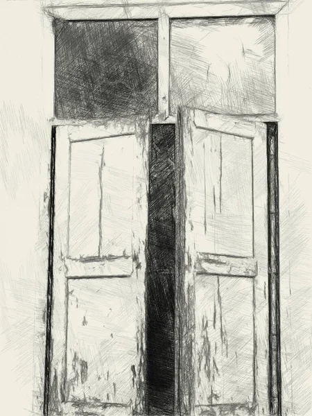 Черно Белое Фото Старой Дверью Ржавым Окном — стоковое фото