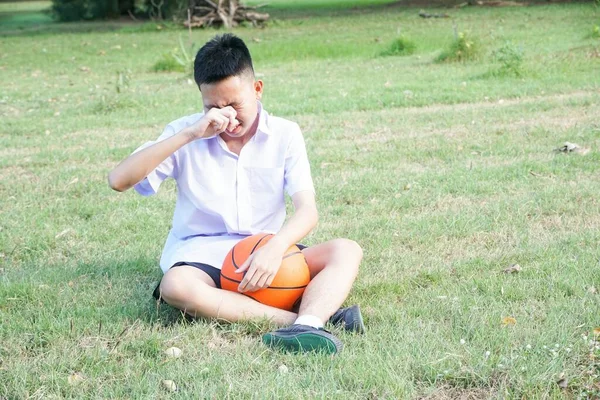 Young Man Sitting Grass Thinking Something — Stock Fotó