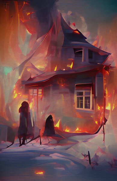 Art color of fire burning home