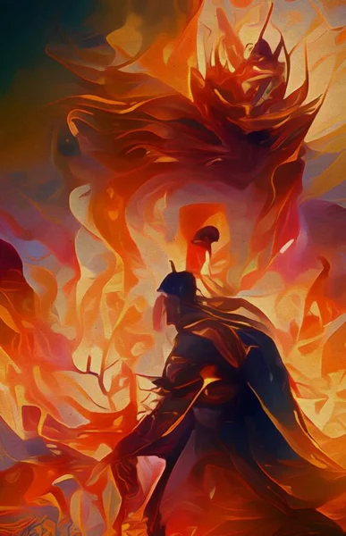 art color of a man fightting with fire monster