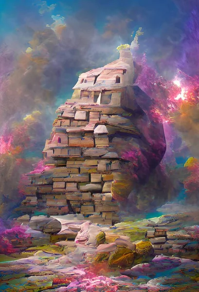 Surreal Painting Fairytale Fantasy Landscape Bulding Cave — 图库照片