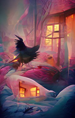 halloween background with witch and bird