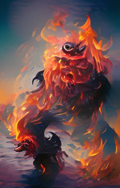 art color of fire monster on volcano
