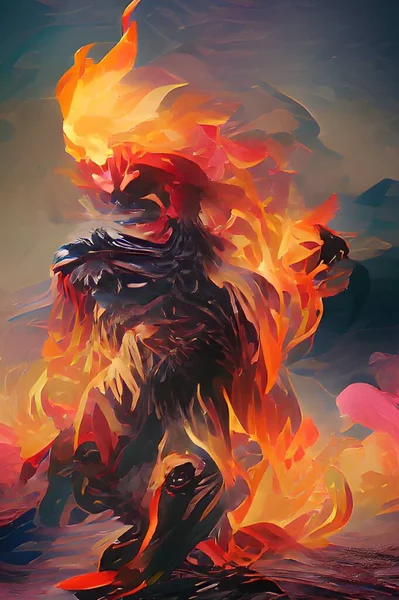 art color of fire monster on volcano