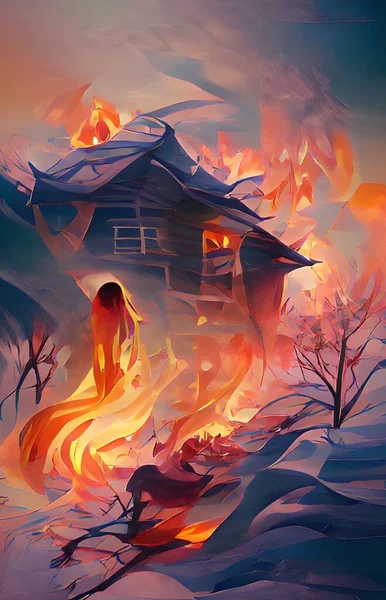 Art Color Fire Burning Home — 스톡 사진