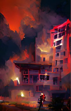 3d illustration of a city with a fire